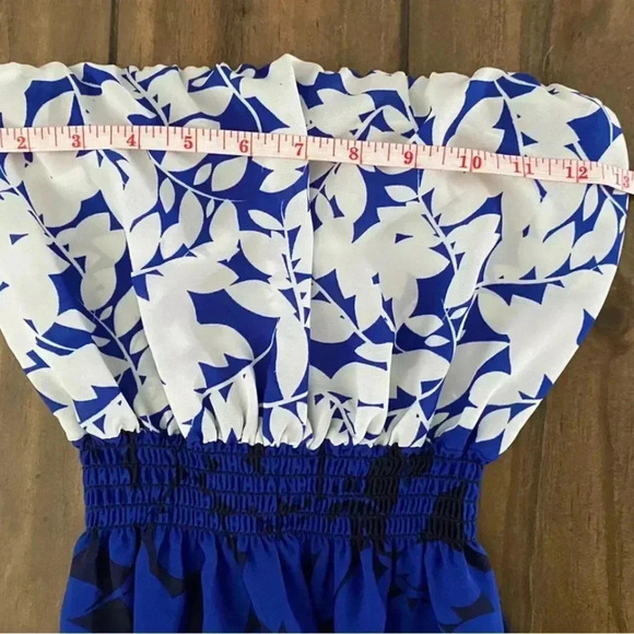 AQUA Blue Navy Floral Long Strapless Boho Slit Maxi Dress Smocked Size XS - Picture 7 of 10